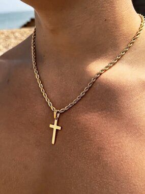 3/$35 NWT 18K Gold Plated Stainless Steel Cross Pendant Rope Chain Necklace Men